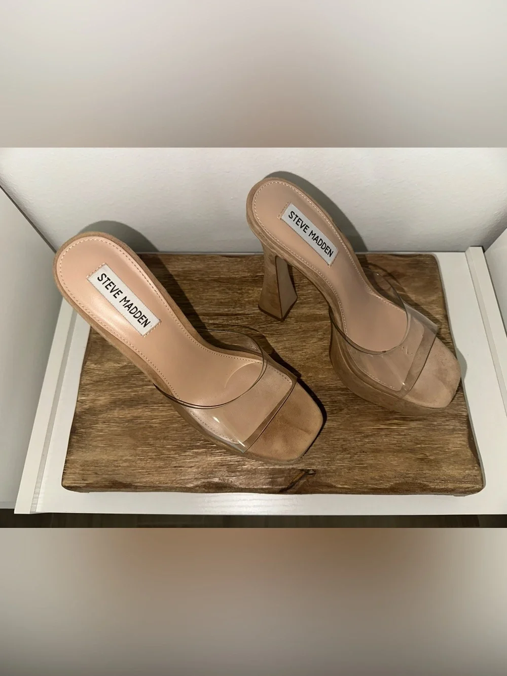 Steve Madden Tan Suede Platform Sandal with Clear Strap